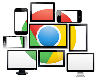 Logo di Chrome con sopra smartphone trasparenti.