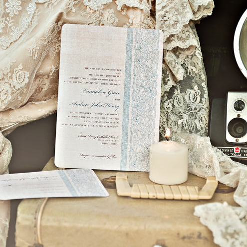 Shabby Chic Wedding Invitations Vintage Rustic Chic Blue Lace and Linen