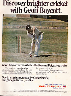 Geoffrey Boycott demonstrates the most important stroke: the forward defence.