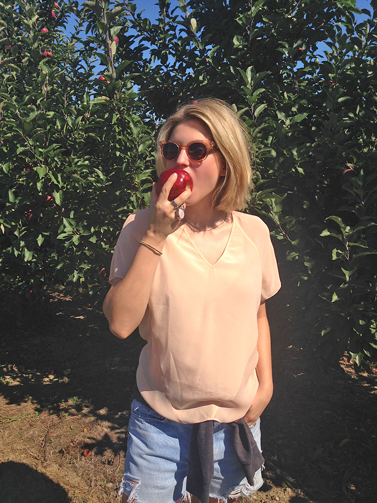 Always eating the apples while apple picking, T by Alexander Wang silk tee, Raen Arkin sunglasses