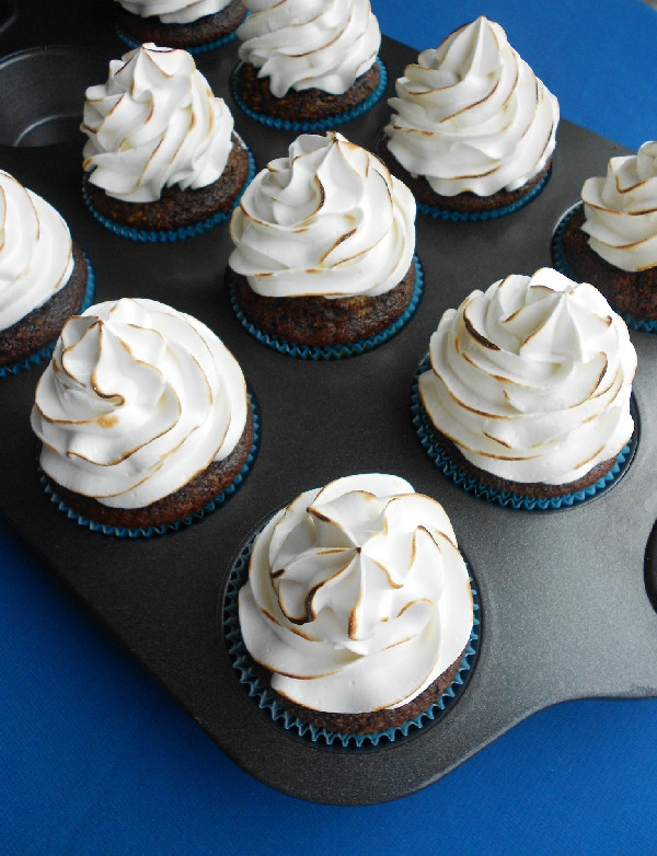 Chocolate Graham Cracker Cupcakes with Toasted Marshmallow Frosting