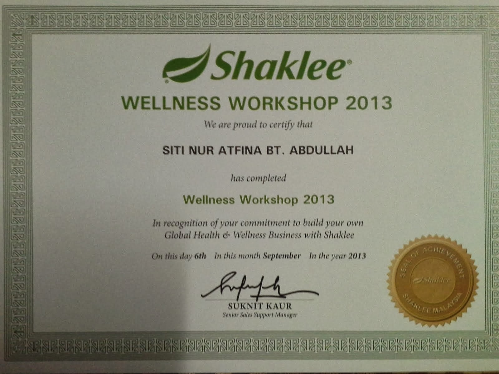 CERTIFICATE AS A SHAKLEE INDEPENDENT DISTRIBUTOR ID:854919