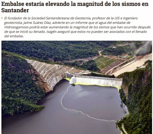 Embalse estaría elevando la magnitud de los sismos en Santander