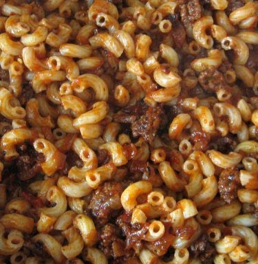 macaroni casserole with browned ground lamb in red wine tomato sauce