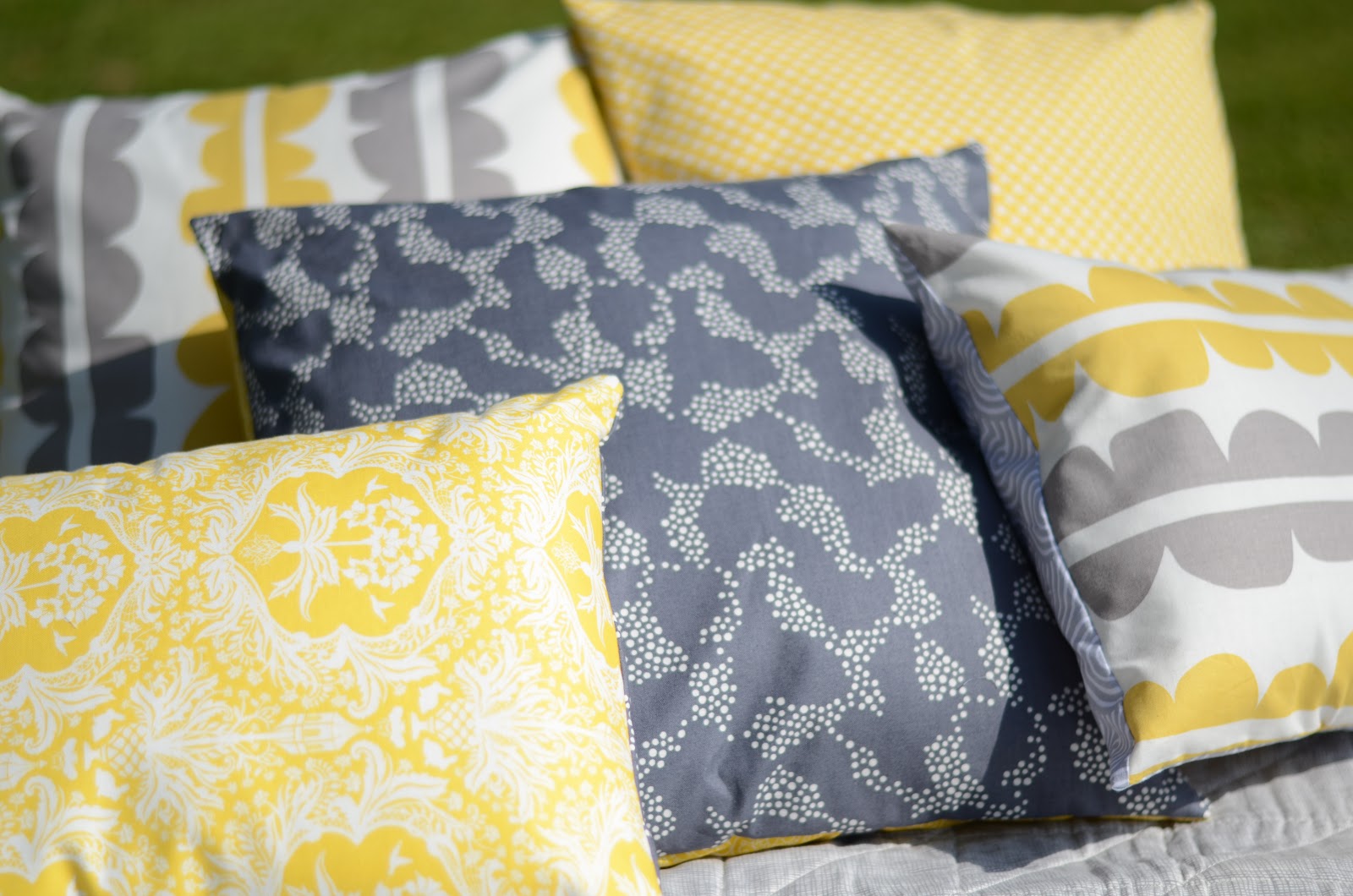 By Missy...with Love Yellow and Grey Pillows and Runner Jessica's
