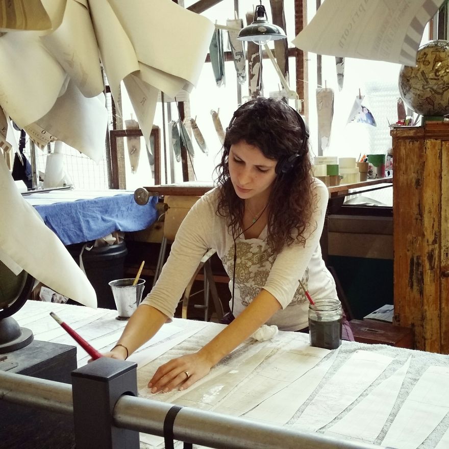Listening to music while painting the first wash of colour onto large gores for an 80cm globe - One Of The World’s Last Remaining Globe-Makers That Use The Ancient Art Of Making Globes By Hand Listening to music while painting the first wash of colour onto large gores for an 80cm globe - One Of The World’s Last Remaining Globe-Makers That Use The Ancient Art Of Making Globes By Hand