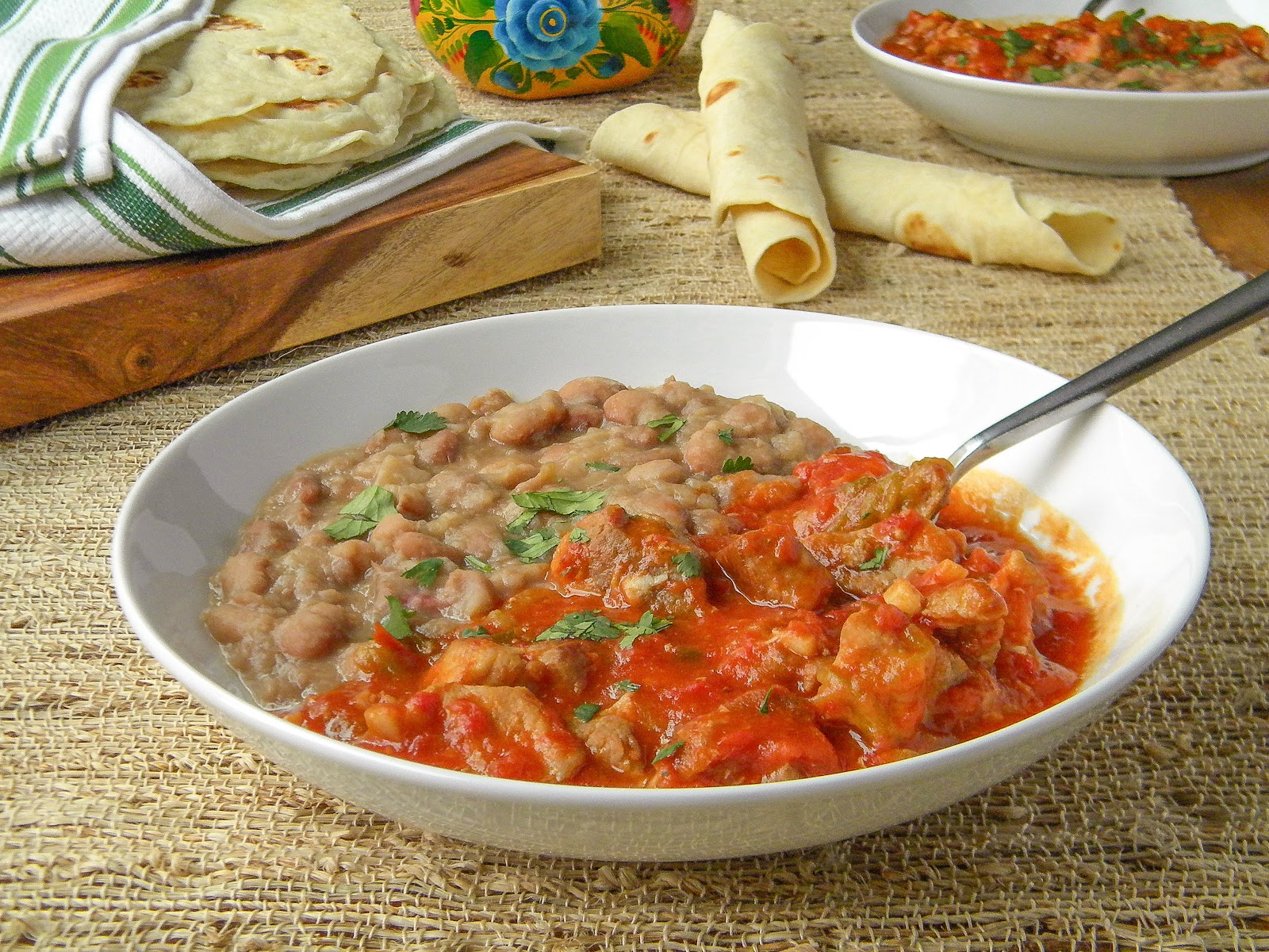 a lovin' forkful Pinto Beans and "Hot Sauce"