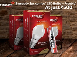 Eveready 3 W, 5 W, 7 W LED 6500K Cool Day Light Combo Bulb just for Rs.500 Only + Freebie @ Flipkart