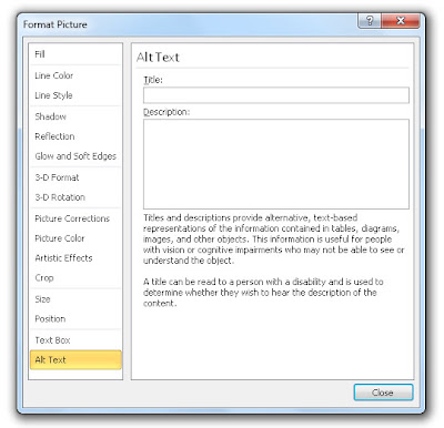 Screen shot of the Format Picture dialog, which includes form fields for entering Title and Description, plus an explanation of each