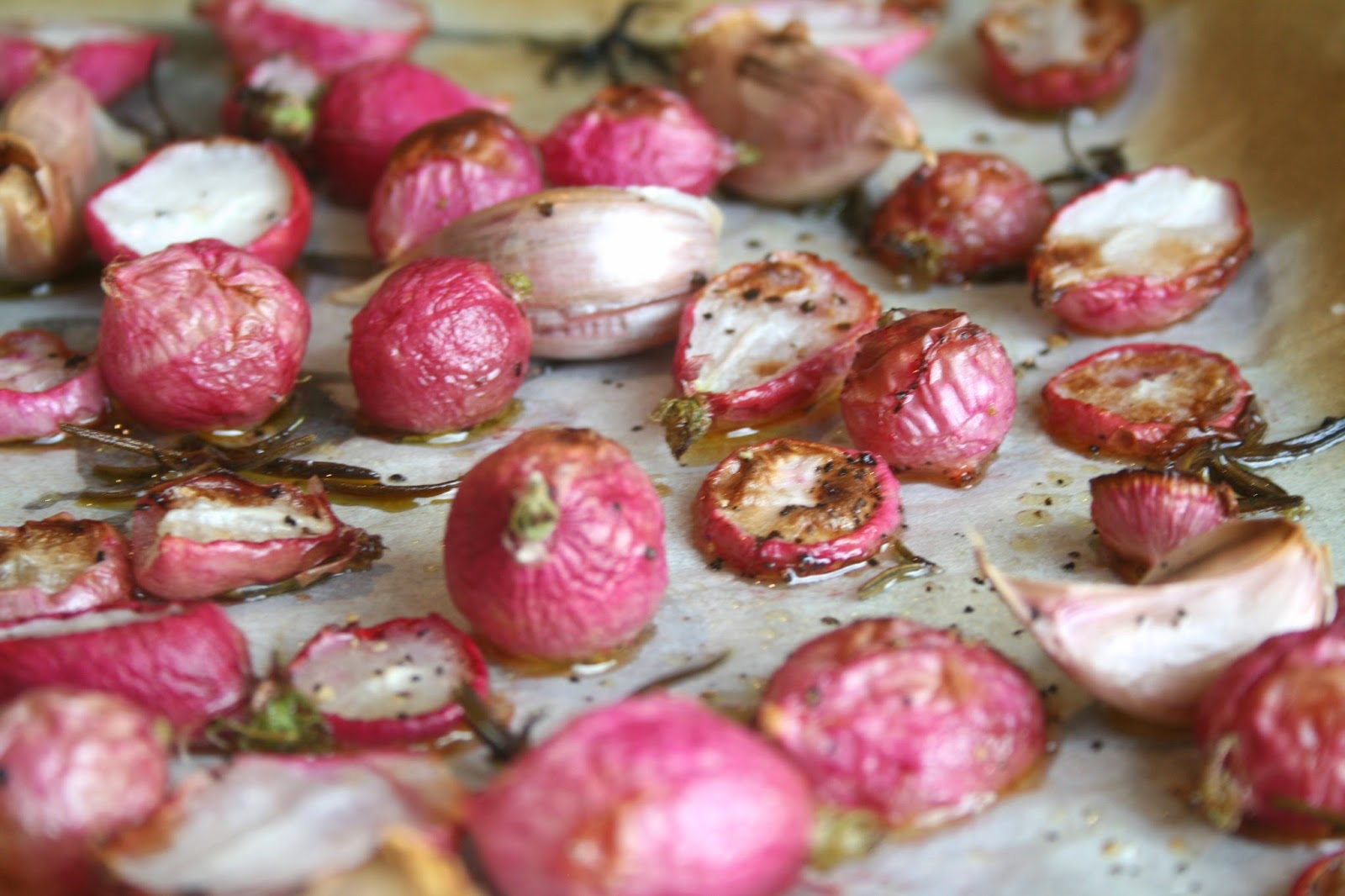 Roasted Radish Salad with Roasted Garlic, Balsamic Rosemary Dressing