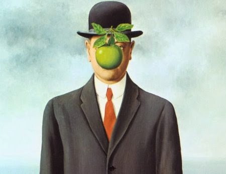 [magritte, figlio dell'uomo. persona con mela verde in faccia]