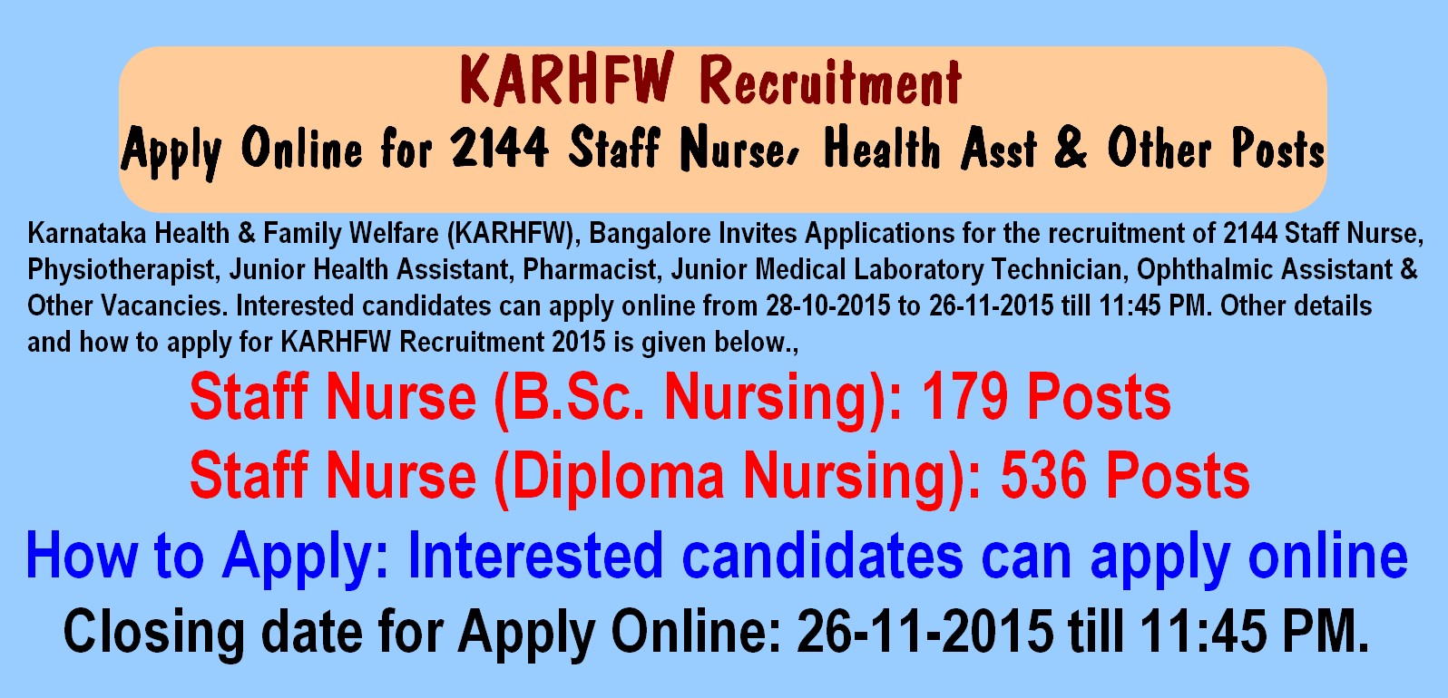 karhfw recruitment 2015 apply online for 2144 staff nurse health asst other posts
