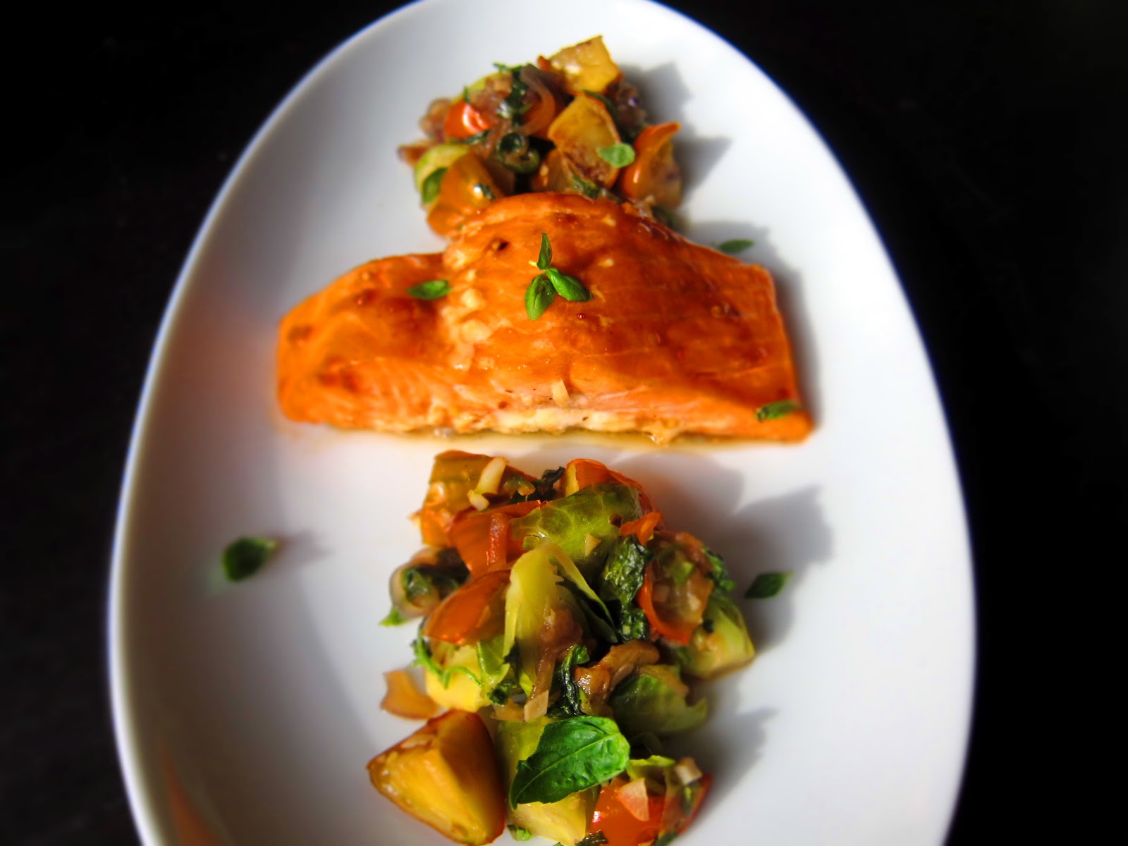 Thai Glazed Salmon with Brussels Sprouts and Eggplant