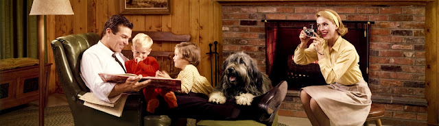 Colorams that were displayed at Grand Central Station in Old New York includes a family in front of a fireplace