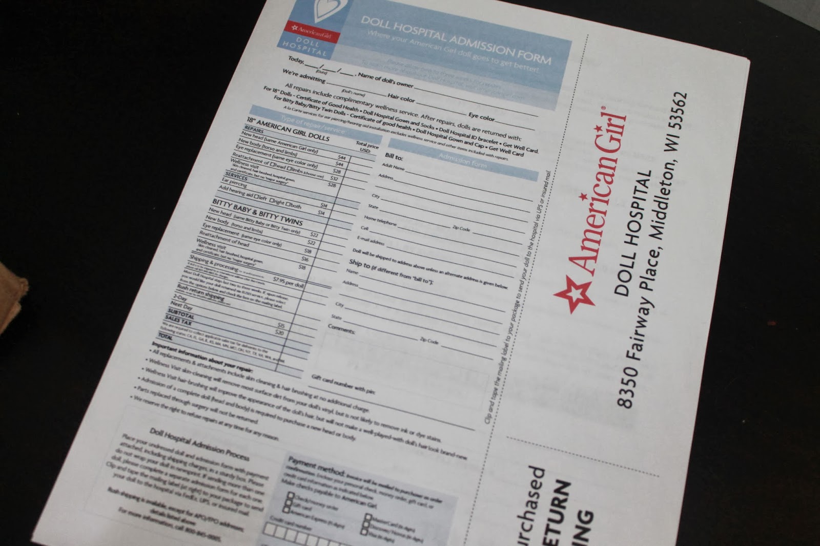 american girl doll hospital form