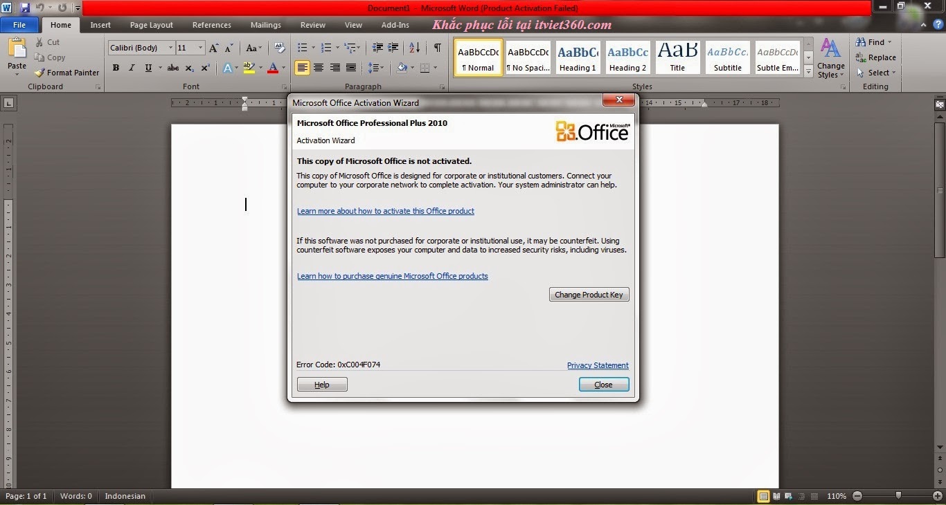 ms office 2010 product activation failed