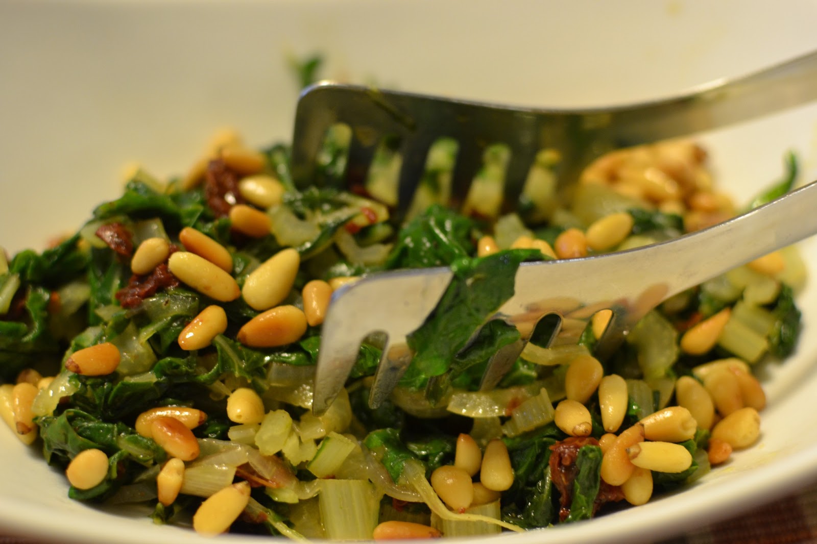 Sense of Home Kitchen Swiss Chard with Sun Dried Tomatoes and Pine Nuts
