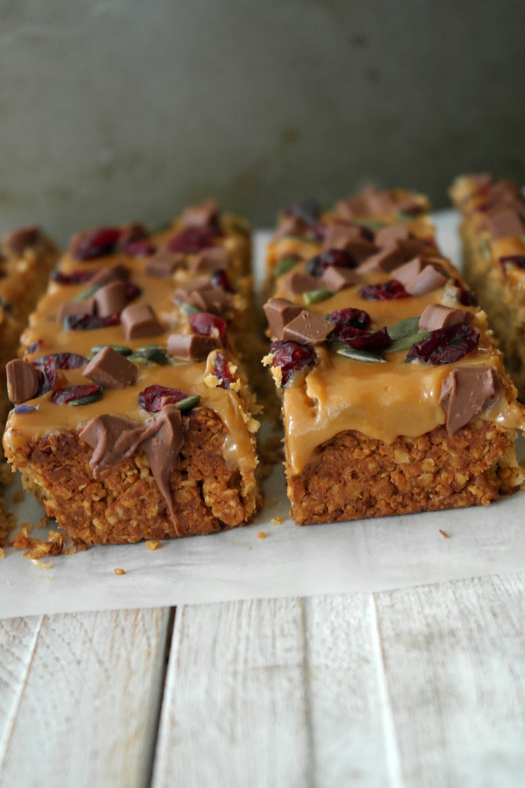 caramel pumpkin seed and cranberry flapjack