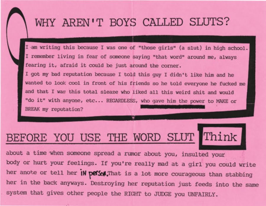 Image of page from a zine with title, "Why aren't boys called sluts?"