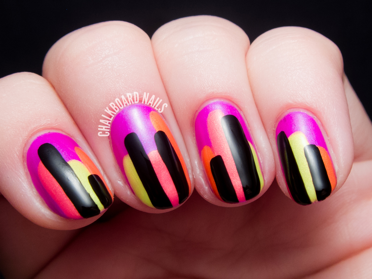 Neon Block Drips - Color Club Poptastic Remix Nail Art | Chalkboard Nails | Nail Art Blog