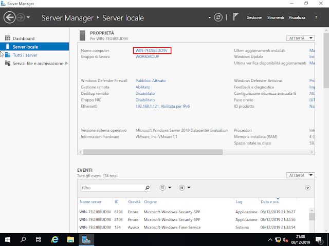 Windows Server 2019, Nome computer Windows Server 2019, Nome computer