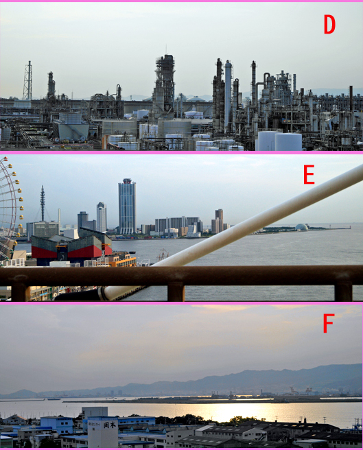 D：Chemical plant E：In this side left, there is an aquarium. A highest building is COSMOTOWER. F：The mountain range of Kobe is visible beyond Osaka Bay.