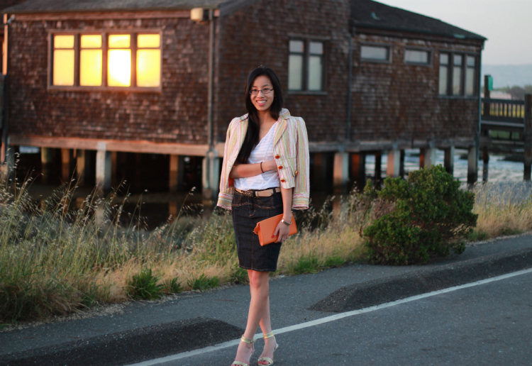 dolce&gabbana tweed blazer metallic woven denim skirt louis vuitton epi pochette