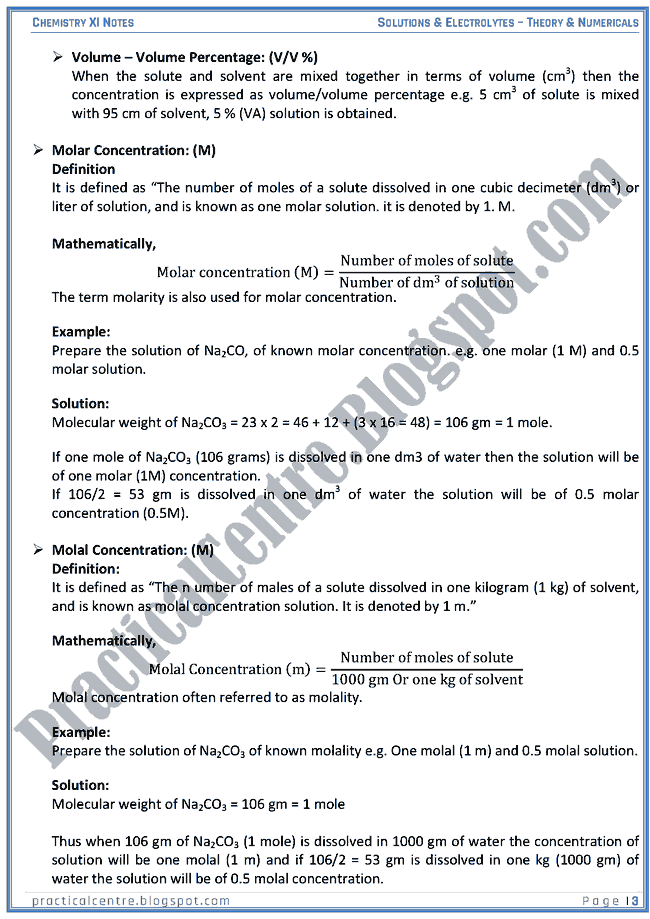 Solutions And Electrolytes - Theory And Numericals (Examples And Problems) - Chemistry XI