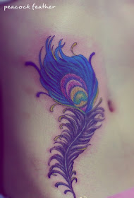 a colorful peacock feather tattoo near the bellybutton