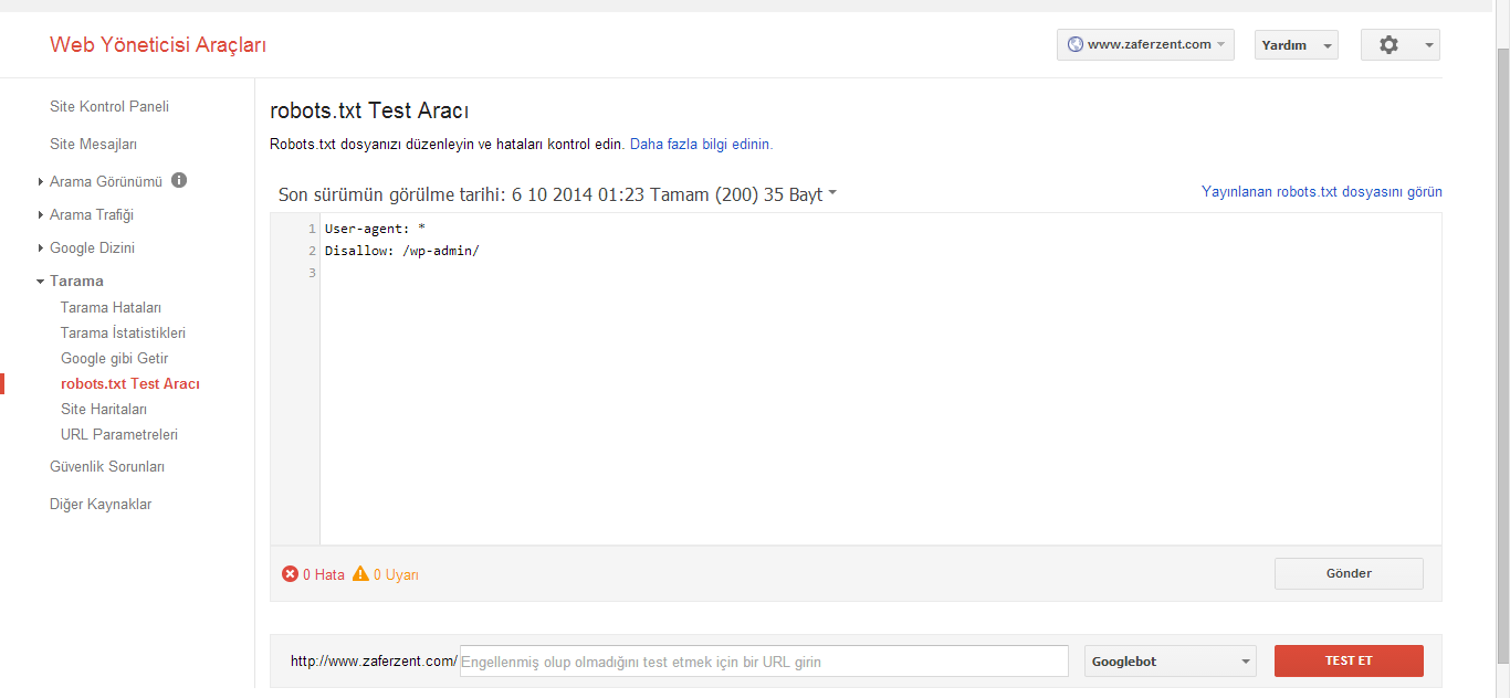 Google Webmaster Araçları robots.txt gönderimi