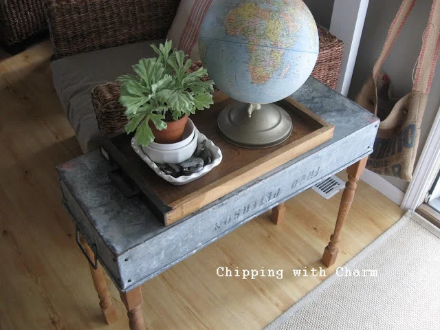 Super cool tool tote console table - Chipping with Charm featured on I Love That Junk