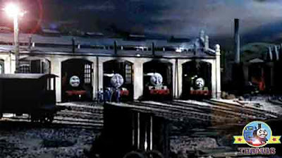 That night big express Gordon the tank engine slunk silently into the round wooden Tidmouth shed