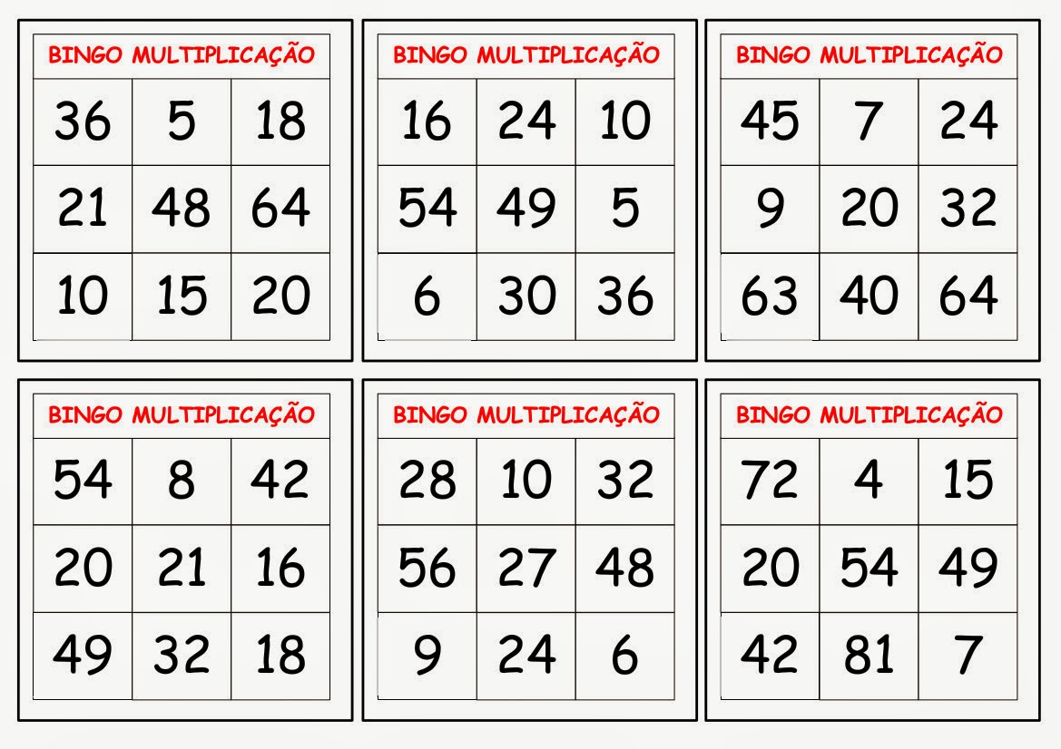 Bingo Matemático multiplicação e divisão jogo matemático