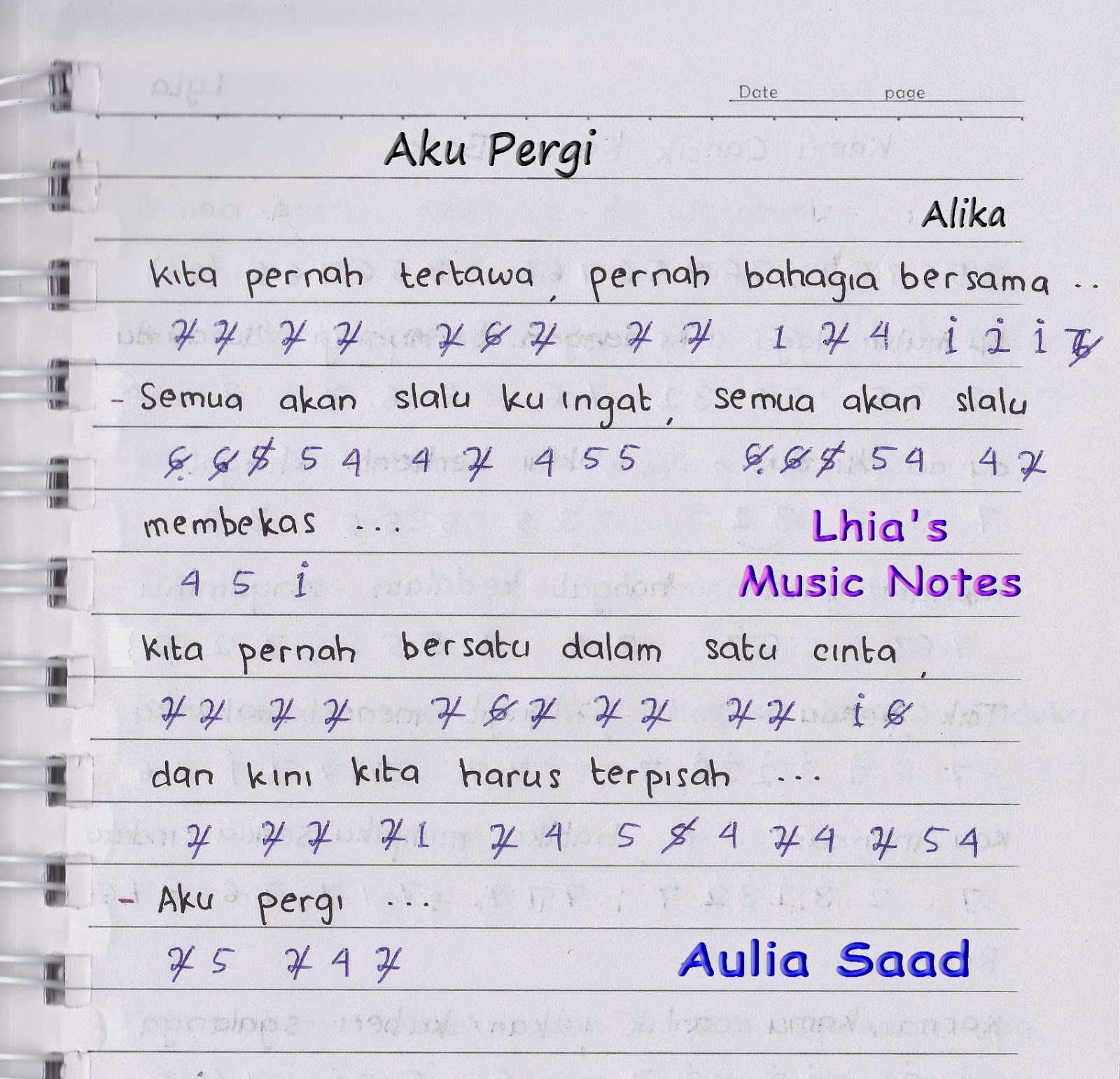 Not Angka : Alika – Aku Pergi | Lhia's Music Notes