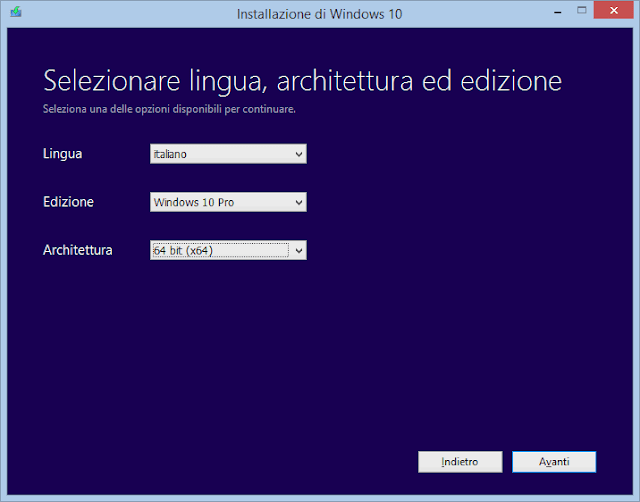 Tool installazione Windows 10 Selezionare lingua, architettura ed edizione