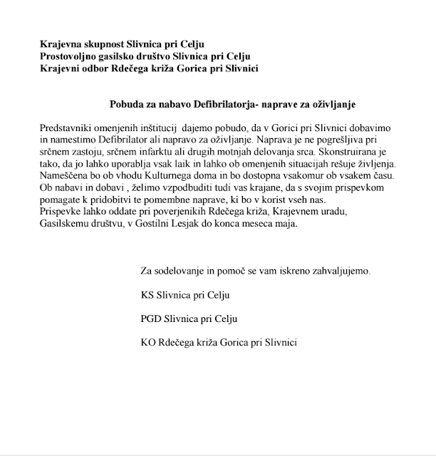 POBUDA ZA NAKUP DEFIBRILATORJA NAPRAVE ZA OŽIVLJANJE