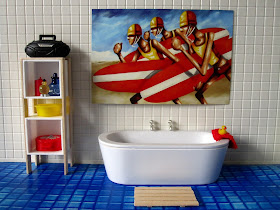 Modern dolls' house miniature bathroom with wooden duck-board bath mat.