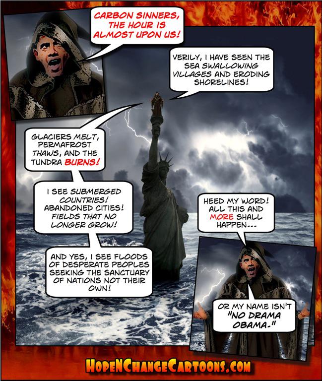 obama, obama jokes, political, humor, cartoon, conservative, hope n' change, hope and change, stilton jarlsberg, paris, climate summit, apocalypse