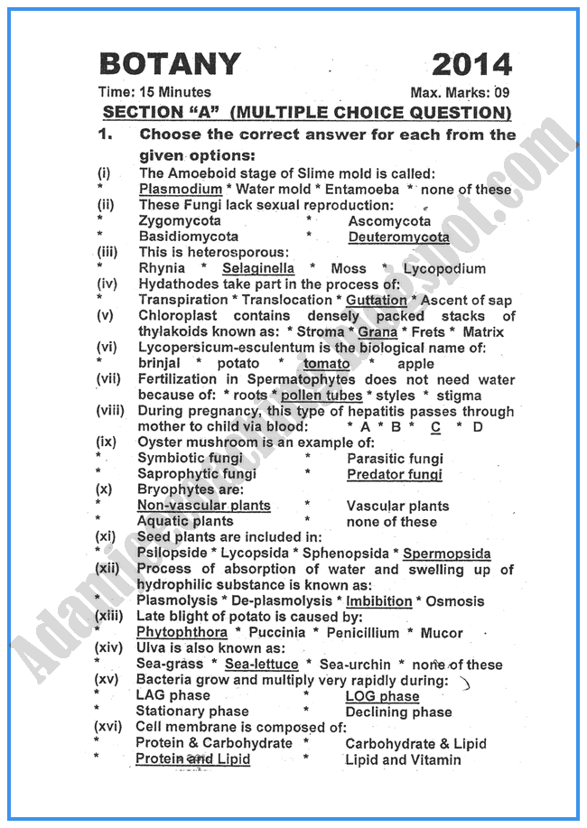Adamjee Coaching Botany 2014 Past Year Paper Class XI