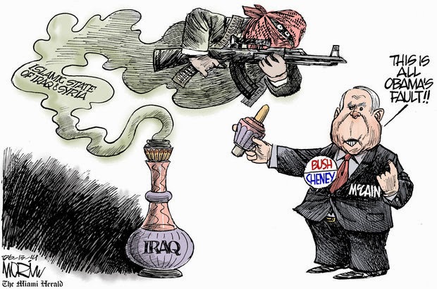 John McCain, wearing Bush/Cheney button, releasing war from the bottle of 