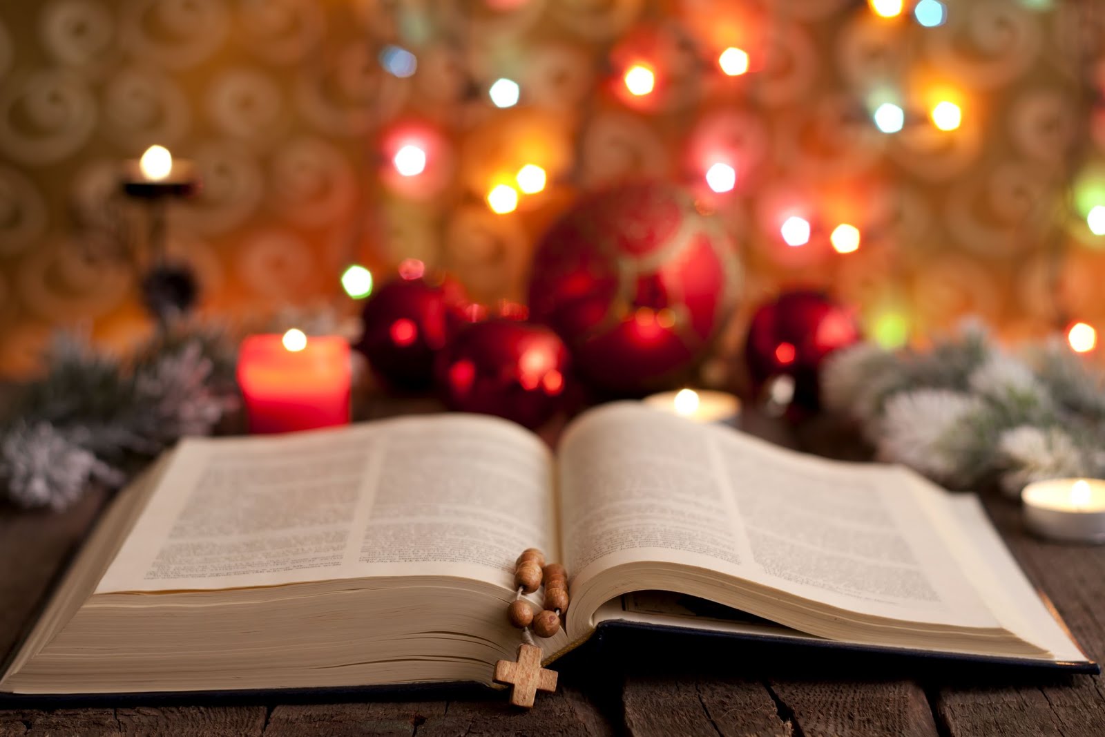 BANCO DE IMÁGENES La Sagrada Biblia frente al arbolito de Navidad con