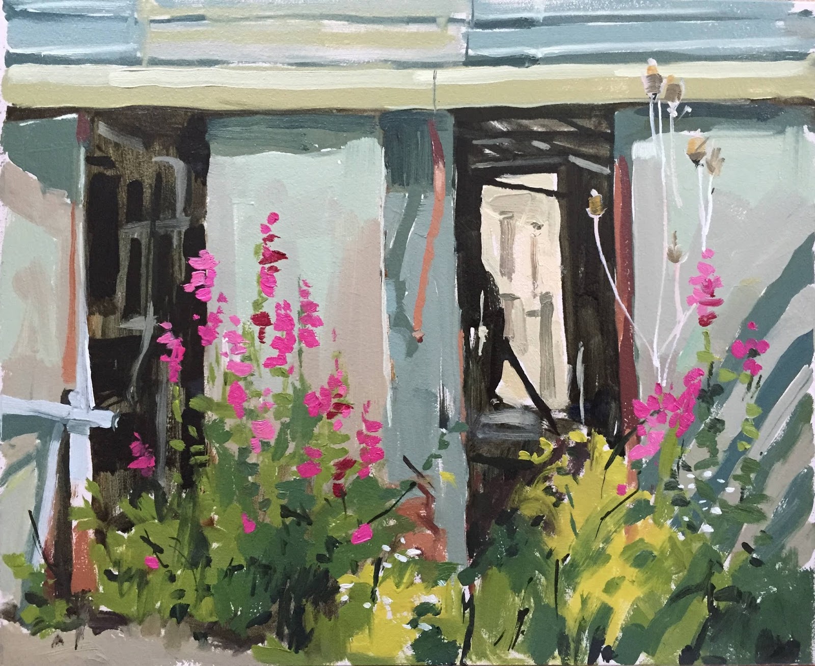 Haidee-Jo Summers artist : Old milking parlour and snapdragons