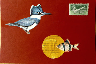 kingfisher bird fish flag French postage stamp Dada Fluxus collage