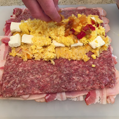 Big Green Egg: Breakfast Roll-up.  Perfect for entertaining for brunch - bacon, sausage, potatoes, eggs, cheese & veggies. | The Lowcountry Lady