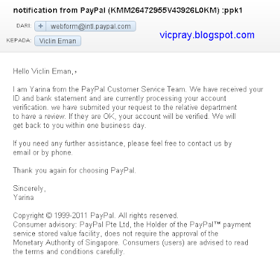 [Viclin] Panduan Verifikasi PayPal dengan Akun Bank PayPal+Email+From+PayPal