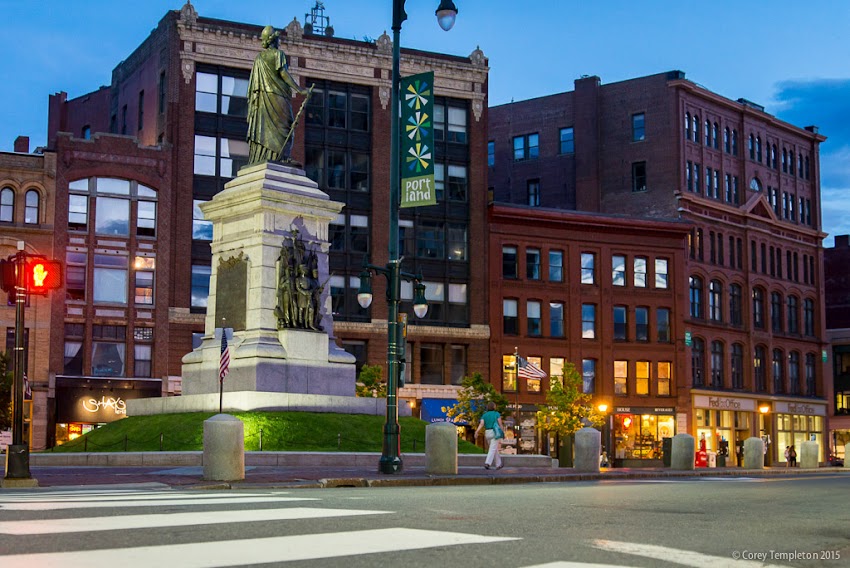 August 2015 Portland, Maine USA Summer view of the space around Monument Square. at dusk. Photo by Corey Templeton.