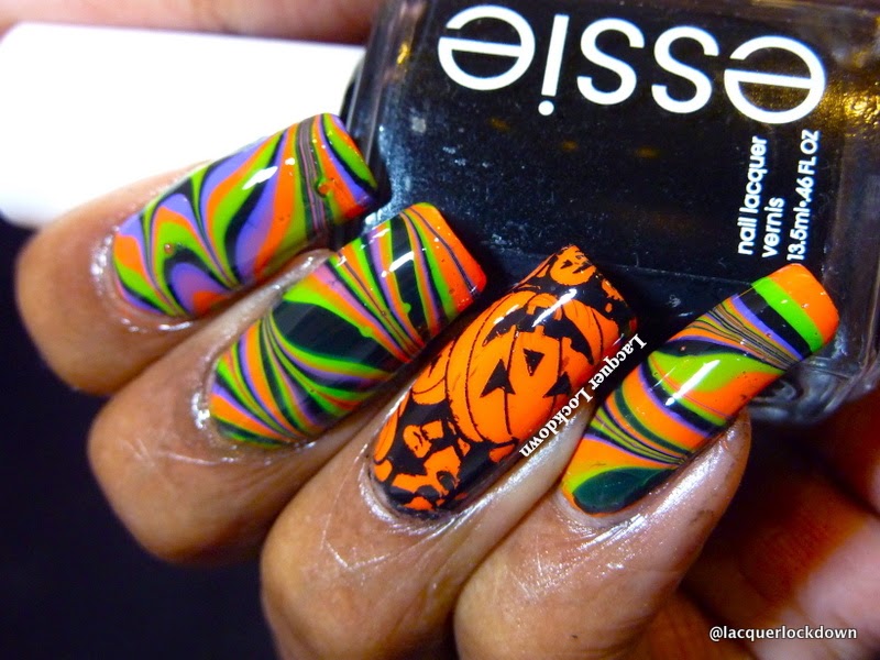 Lacquer Lockdown Halloween 2014 Evil Pumpkin Halloween Watermarble Nail Art