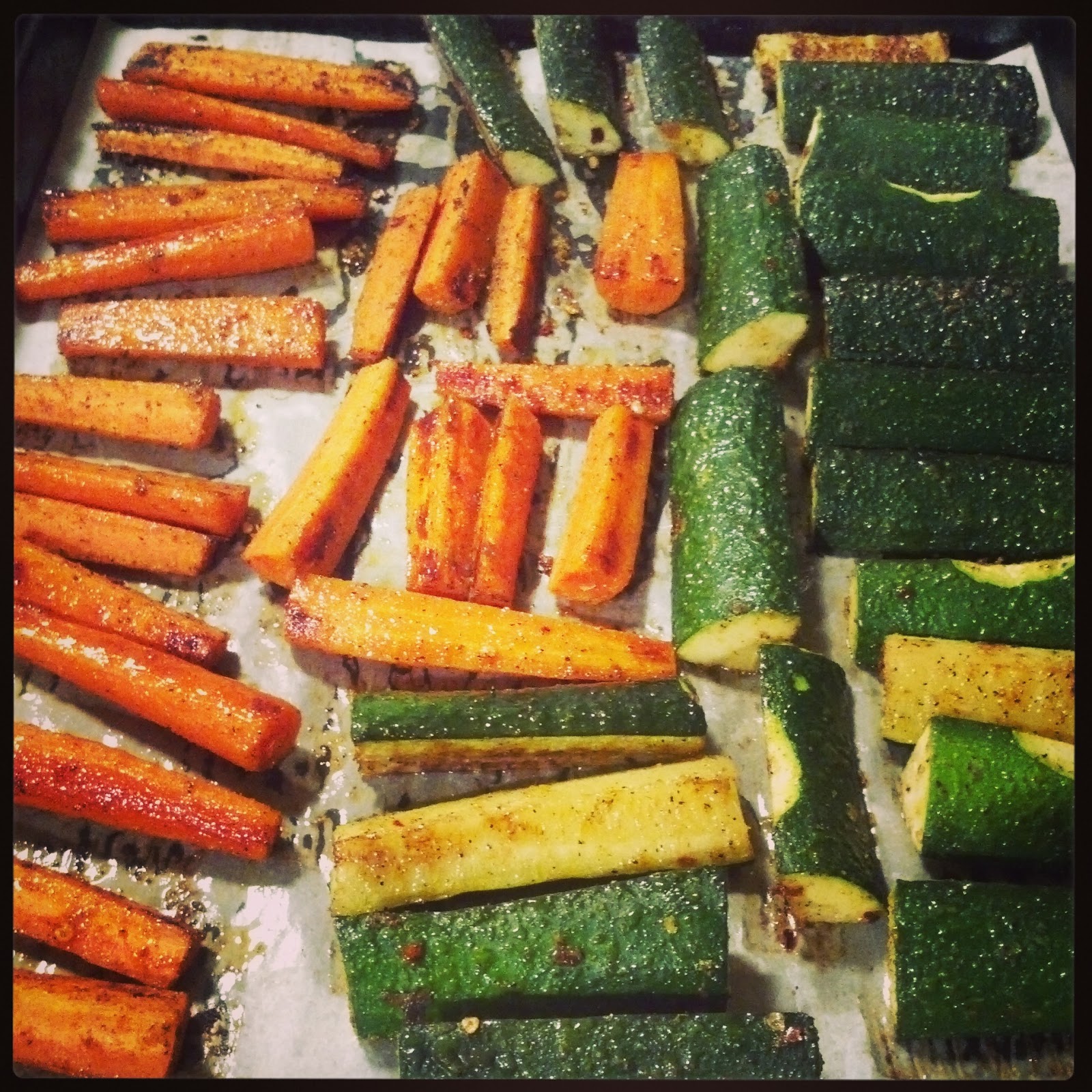 An Onion Exposed Roasted Zucchini & Carrots