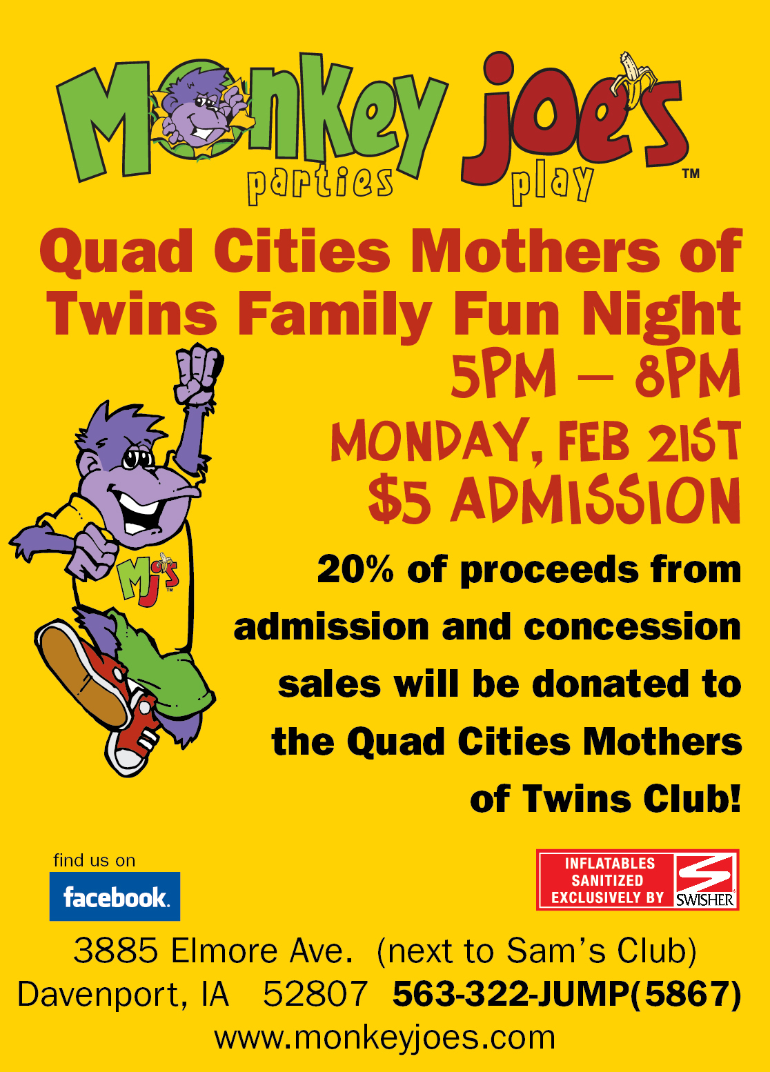Quad Cities Mothers of Twins Club Monkey Joe's Fundraiser Tonight