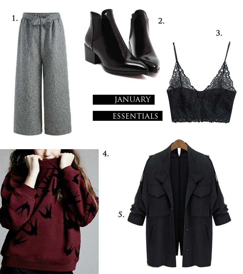 Grey culottes, acne inspired boots, ankle boots, pointy, bralette, lace top, slouchy jacket, isabel marant inspired, wine sweater, swallows, she inside, winter essentials 2016, shein, wish list